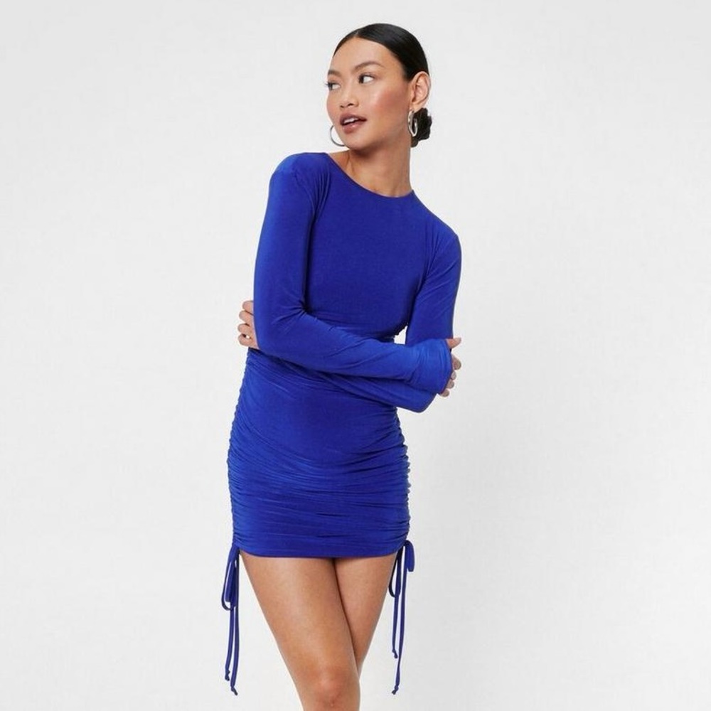 Nasty Gal Ruched Long Sleeve Mini Dress - Blue - Size 6